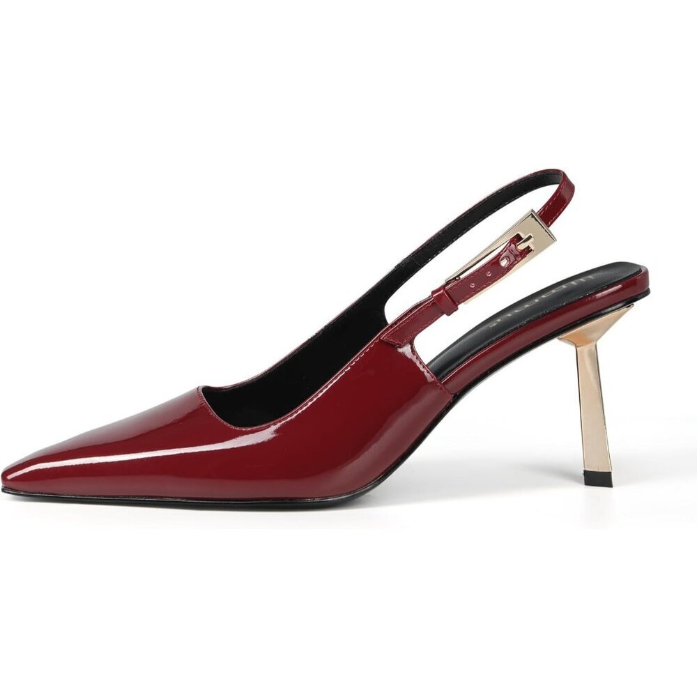 Women's Dark Red 3.5 In 4 In Kitten Heel Pumps Dress Slingback Leather Heels